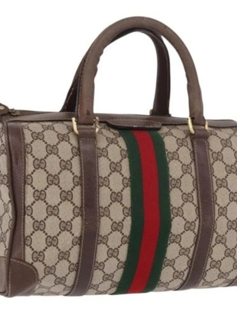 GUCCI GG Supreme Web Sherry Line Boston Bag PVC Beige Gold Auth ka5081